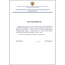 Letter of Appreciation of the Federal Agency for Youth of the Russian Federation